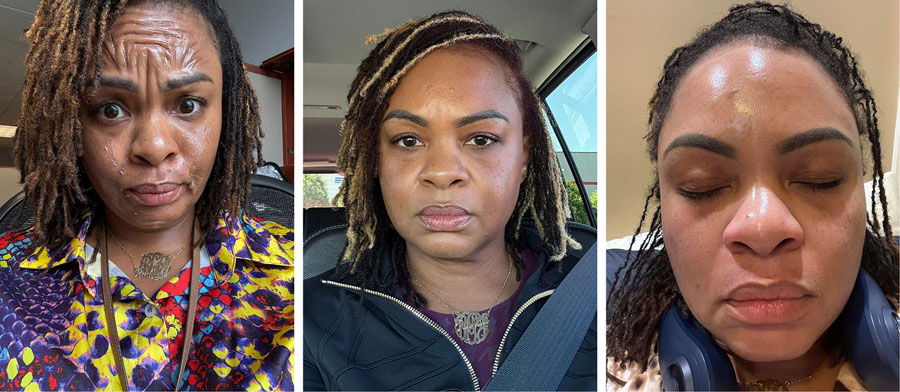 Three selfies of a woman showing different facial expressions.