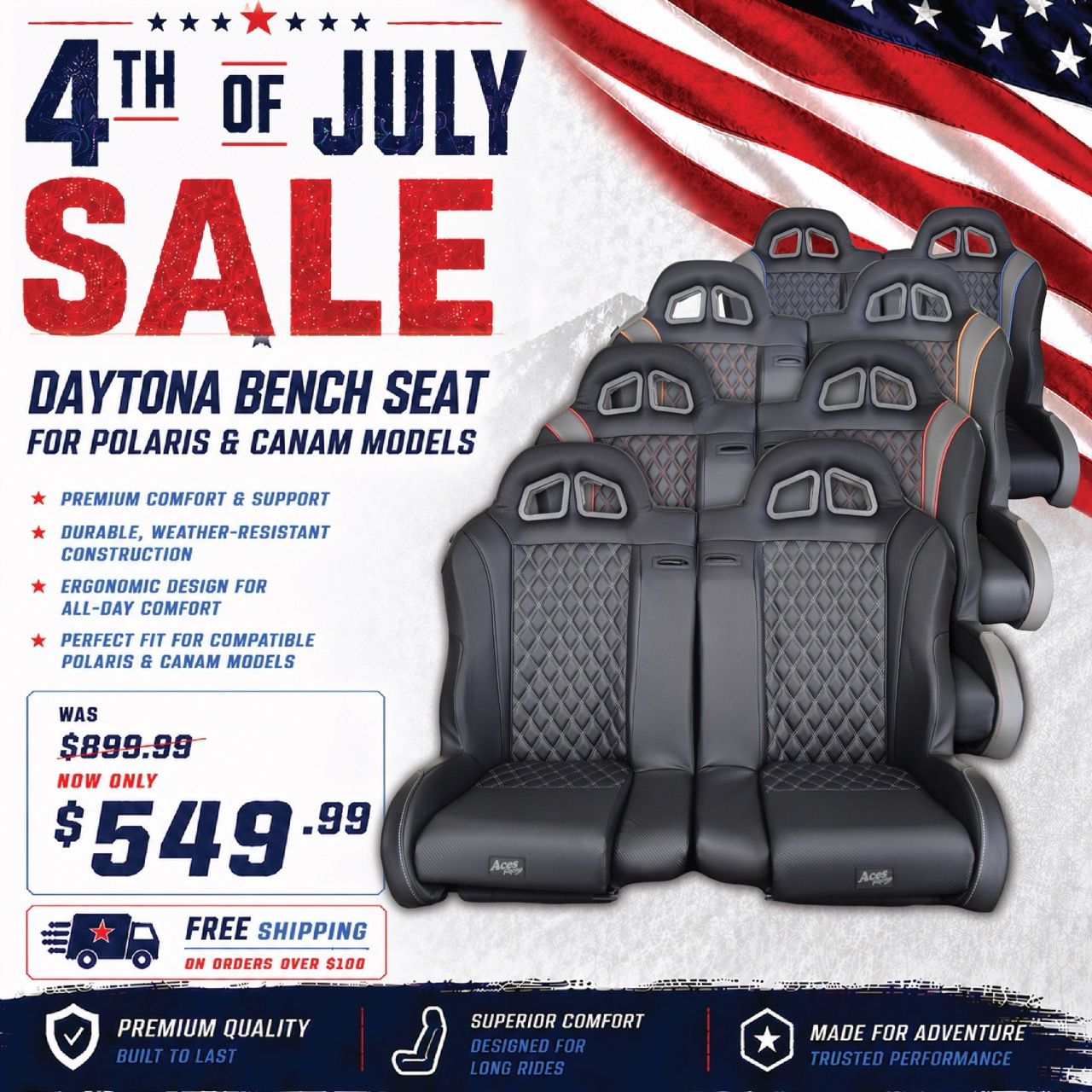 4th of July sale on Daytona bench seat for Polaris and Can-Am models.