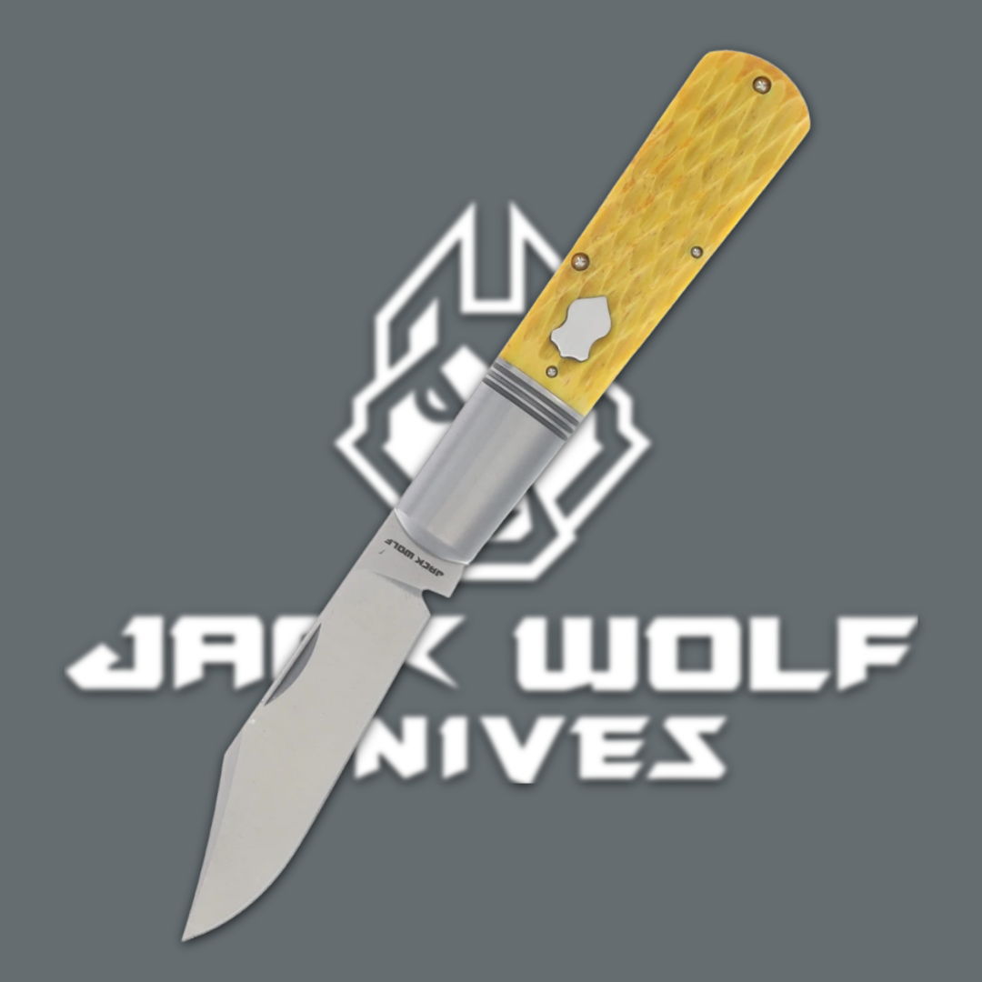 Folding knife with a yellow handle and logo of Jack Wolf Knives.