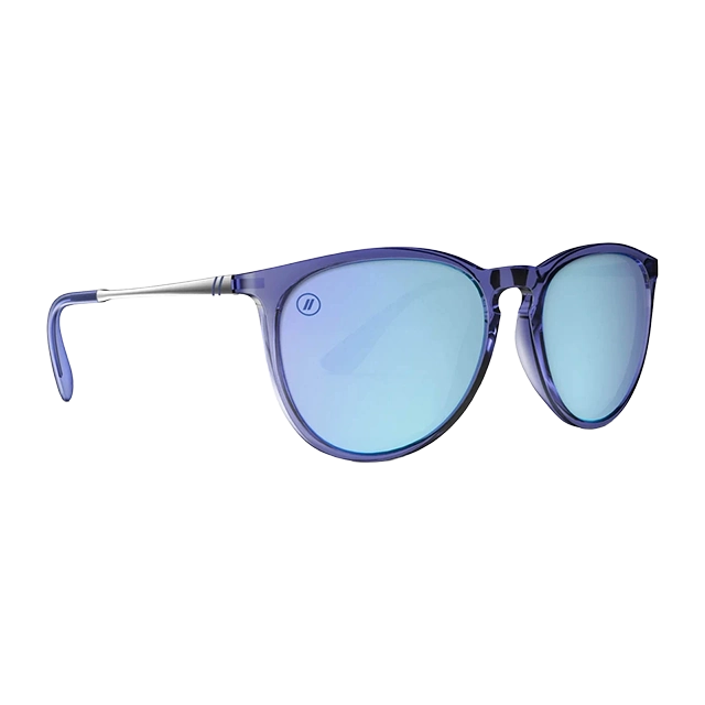 A pair of stylish blue sunglasses with mirrored lenses.
