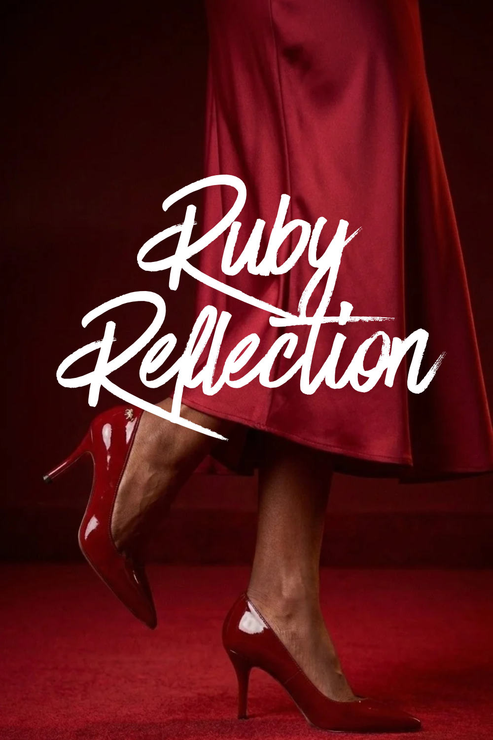 Woman in red dress and red heels, text reads 