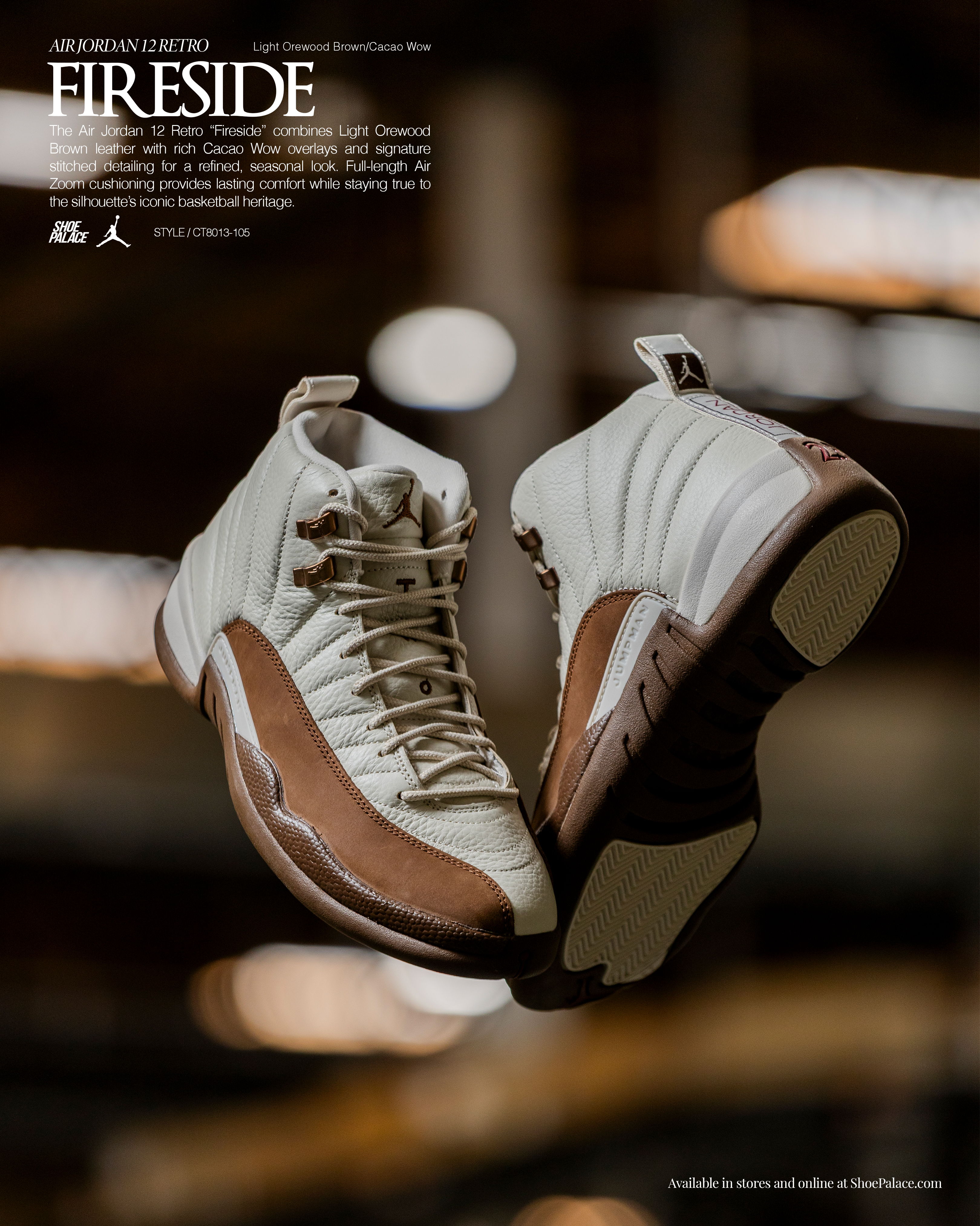 Sneakers displayed against a blurred background with text overlay.