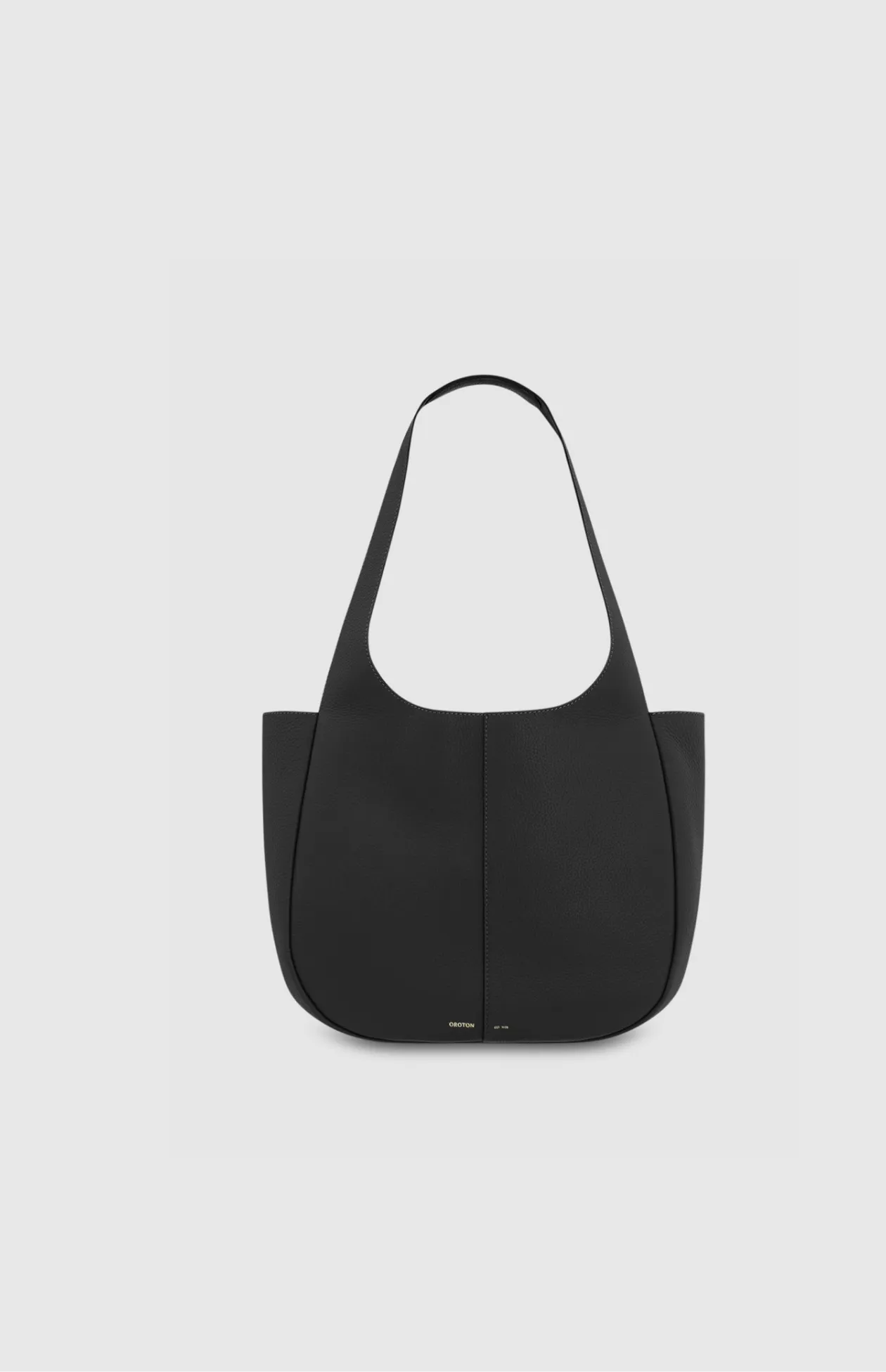 Black tote bag on a plain background.