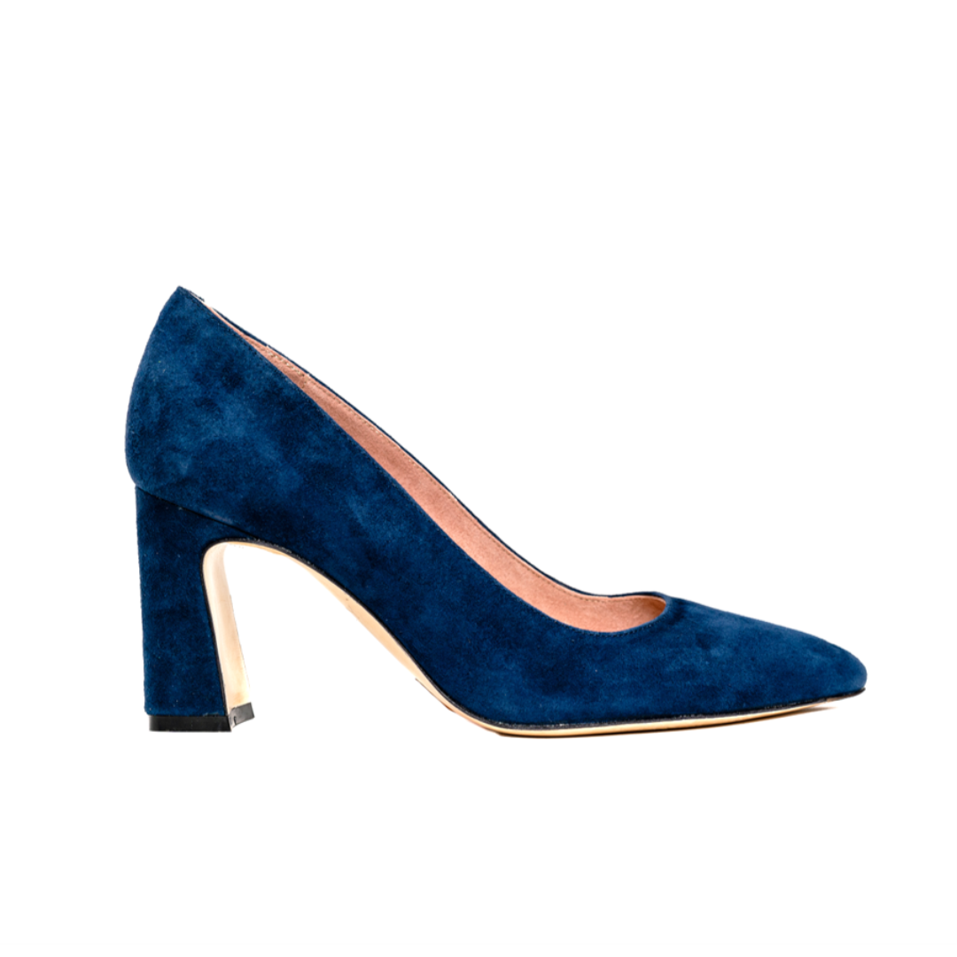 Blue suede high-heeled pump shoe with a chunky heel.