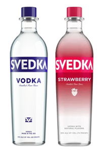 Two bottles of Svedka vodka: original and strawberry flavor.