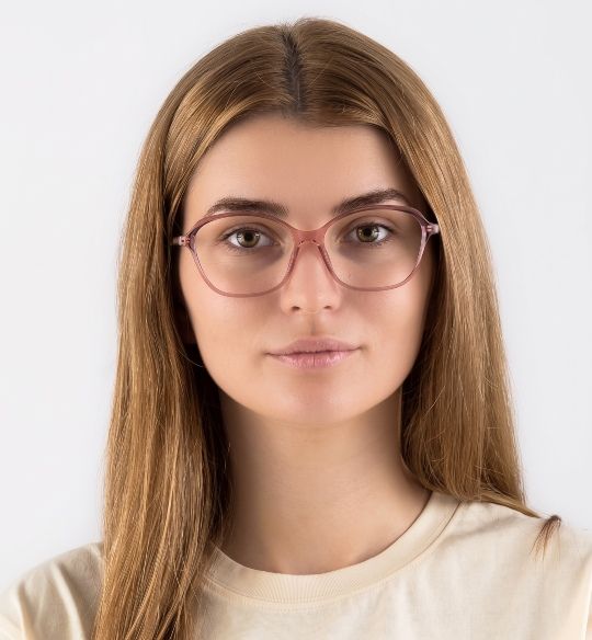 blonde girl wearing Glee Pink geometric eyeglasses on a white background