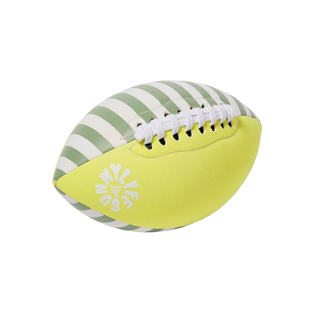 A striped green and yellow rugby ball with a logo.