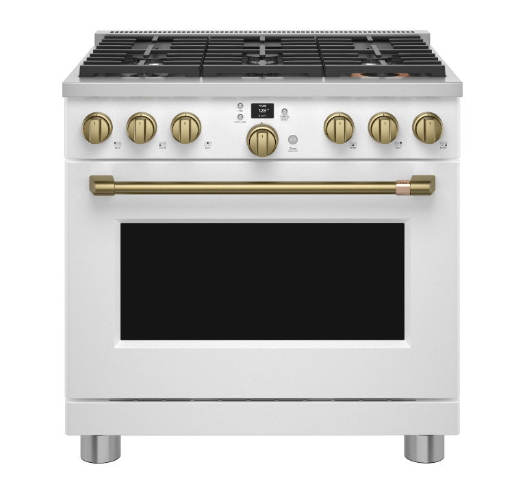 White gas range with five burners and an oven.