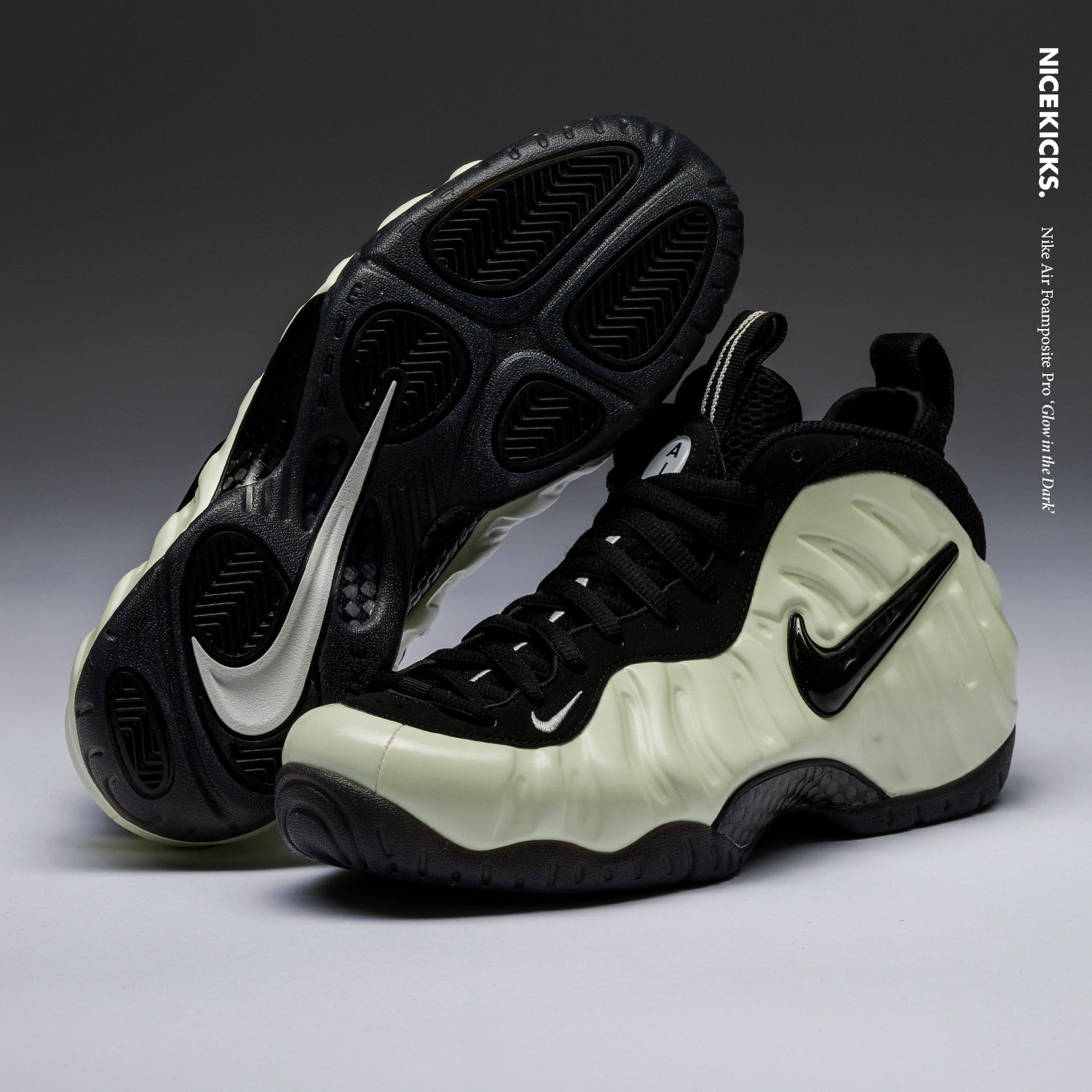 Nike shoes in black and light green, displayed from multiple angles.