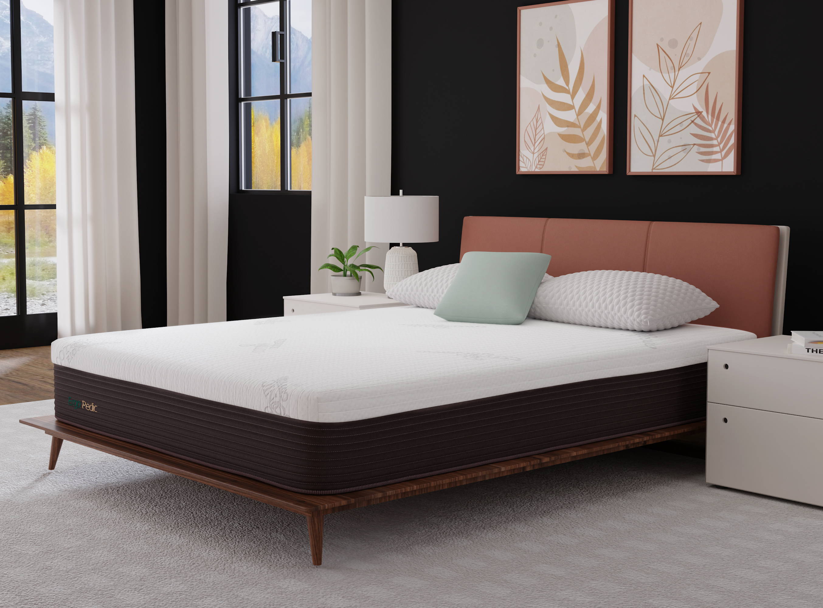 Cooling CopperCloud Original in a bedroom on a platform bed with charcoal walls.