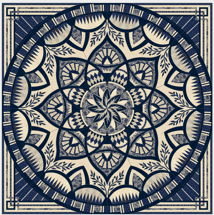 Circular geometric pattern with intricate floral designs in navy blue and cream.