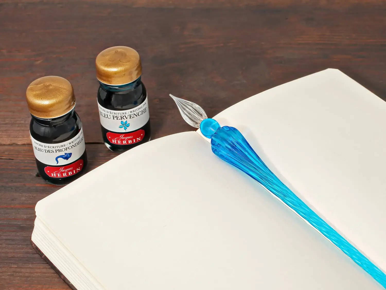 J. Herbin Round Glass Pen and Ink Set in Blue Dip Pen