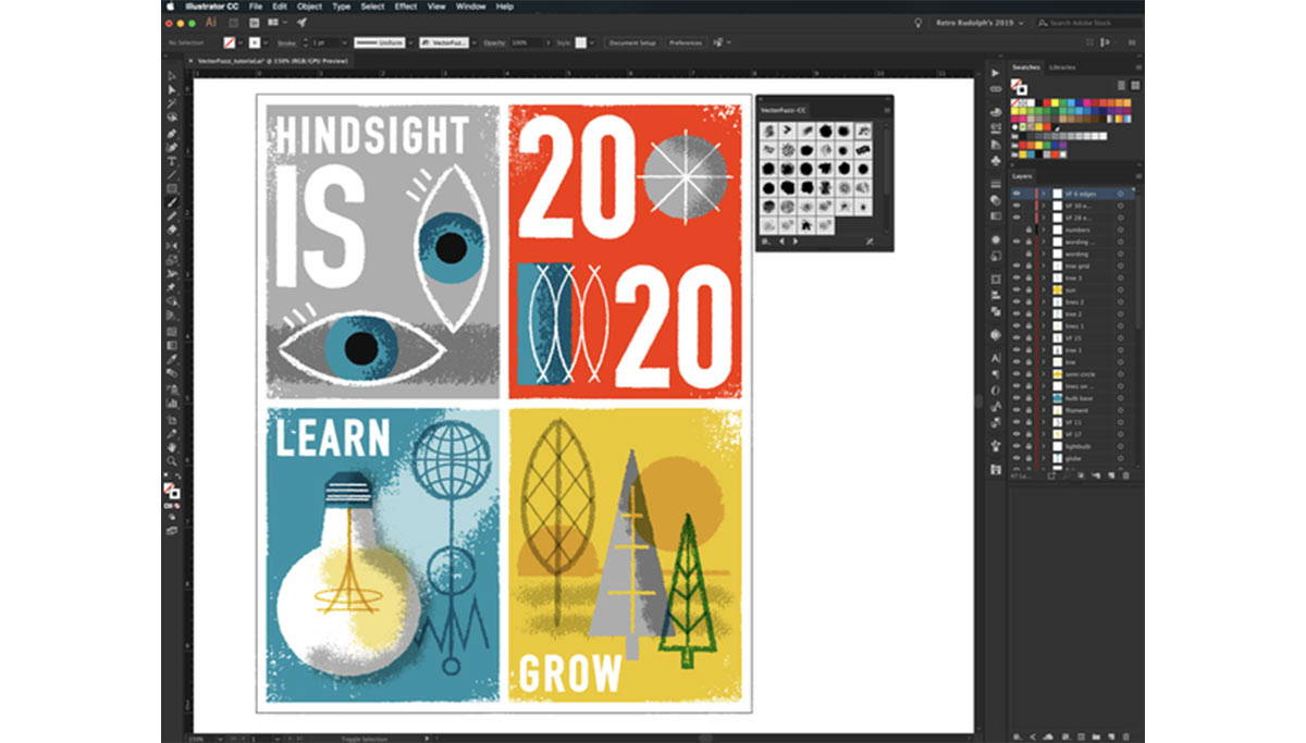 Adobe Illustrator with a poster design opened. The design is using RetroSupply Co.'s  vector brushes.