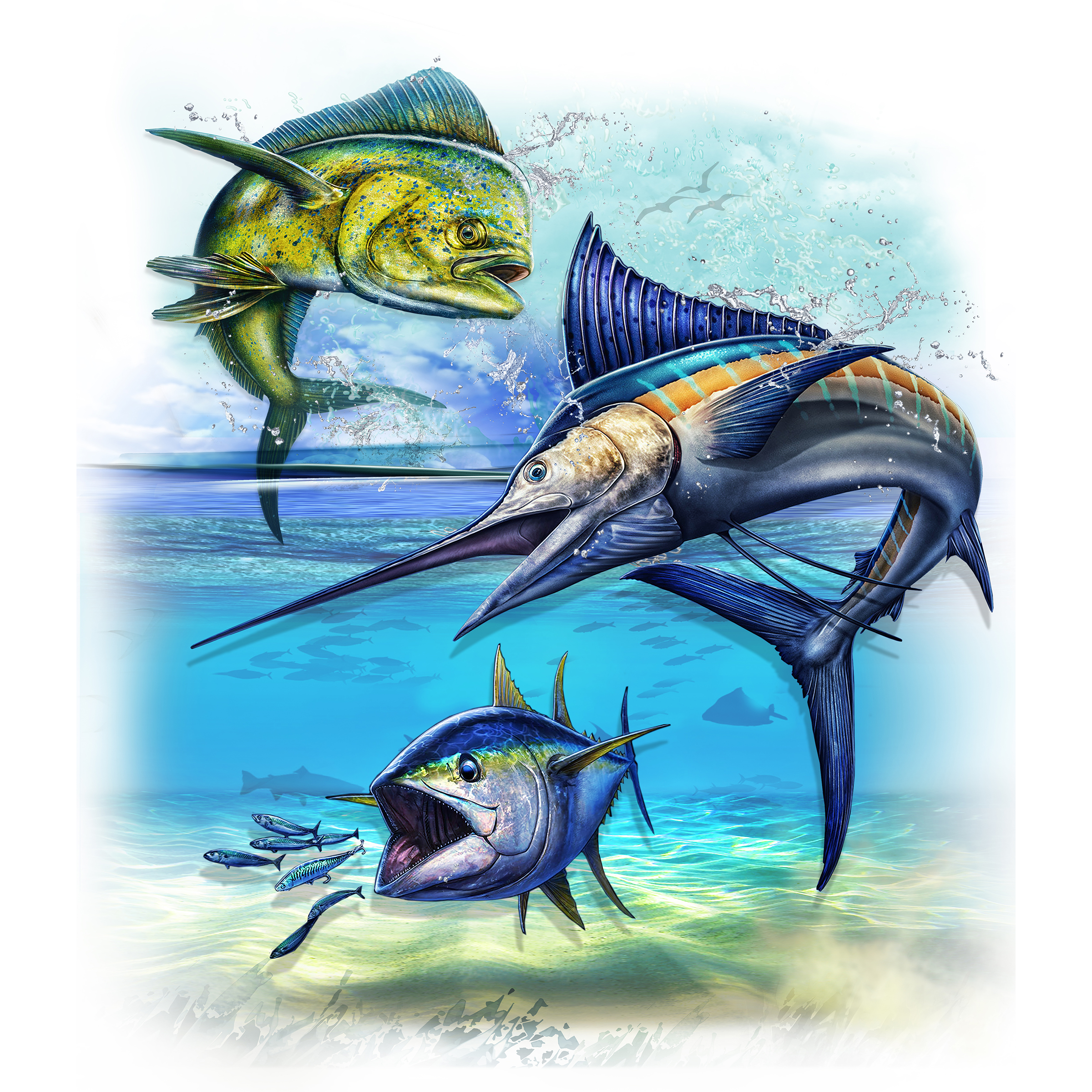 mahi marlin and tuna swimming t-shirt design