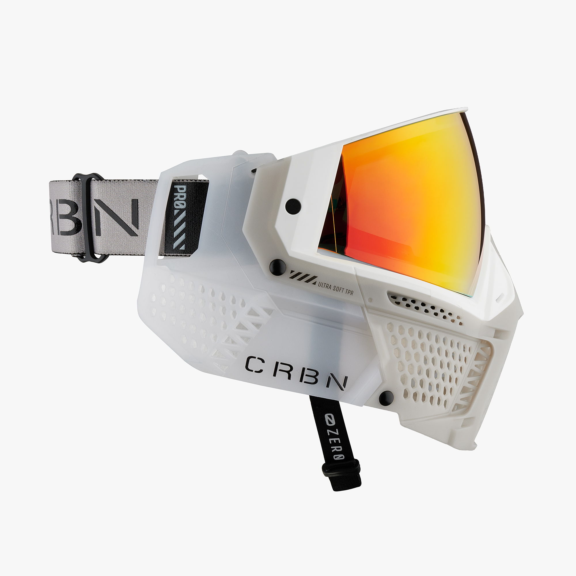 White paintball goggle with orange-tinted lenses and adjustable strap.