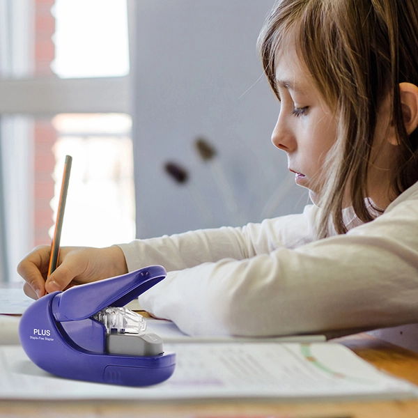 Scissors, glue tapes, a staple-free stapler, and pencil sharpener that are perfect for kids.