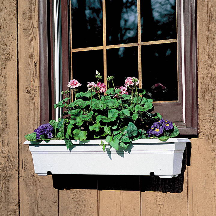 Flowers planted in a white Countryside flower box hanging underneath a window
