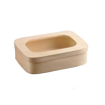 A curved rectangular wooden box with a windowed lid