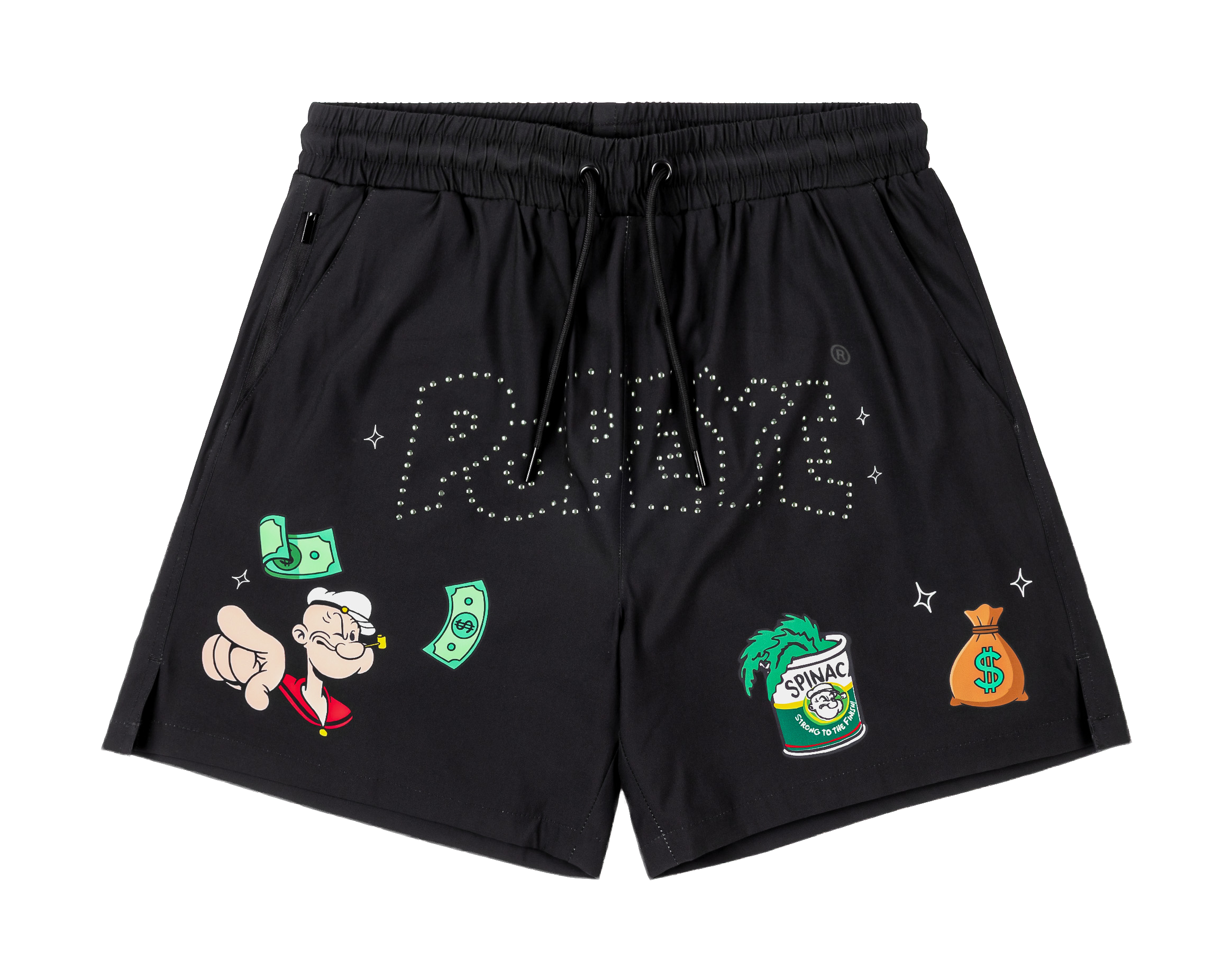 Black shorts featuring Popeye graphics and money motifs.