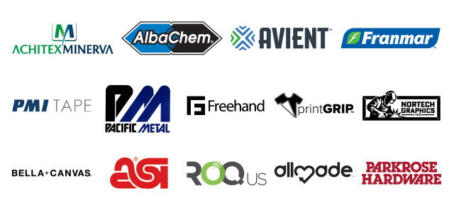 Open House sponsor logos for Achitex Minerva, AlbaChem, Avient, Franmar, PMI Tape, Pacific Metal, Freehand Graphics, PrintGrip, Nortech Graphics, Bella + Canvas, ASI, ROQ US, and Allmade.