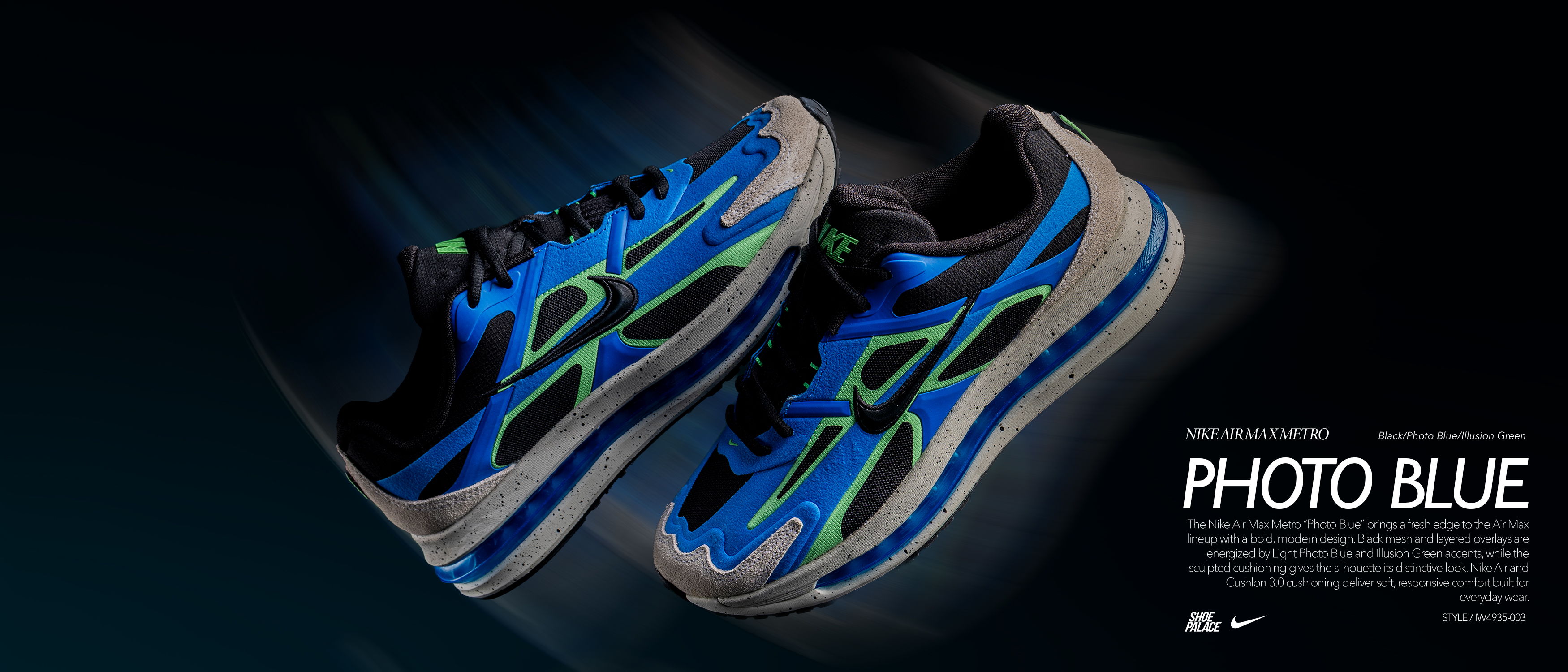 A pair of blue running shoes with dynamic motion effects.