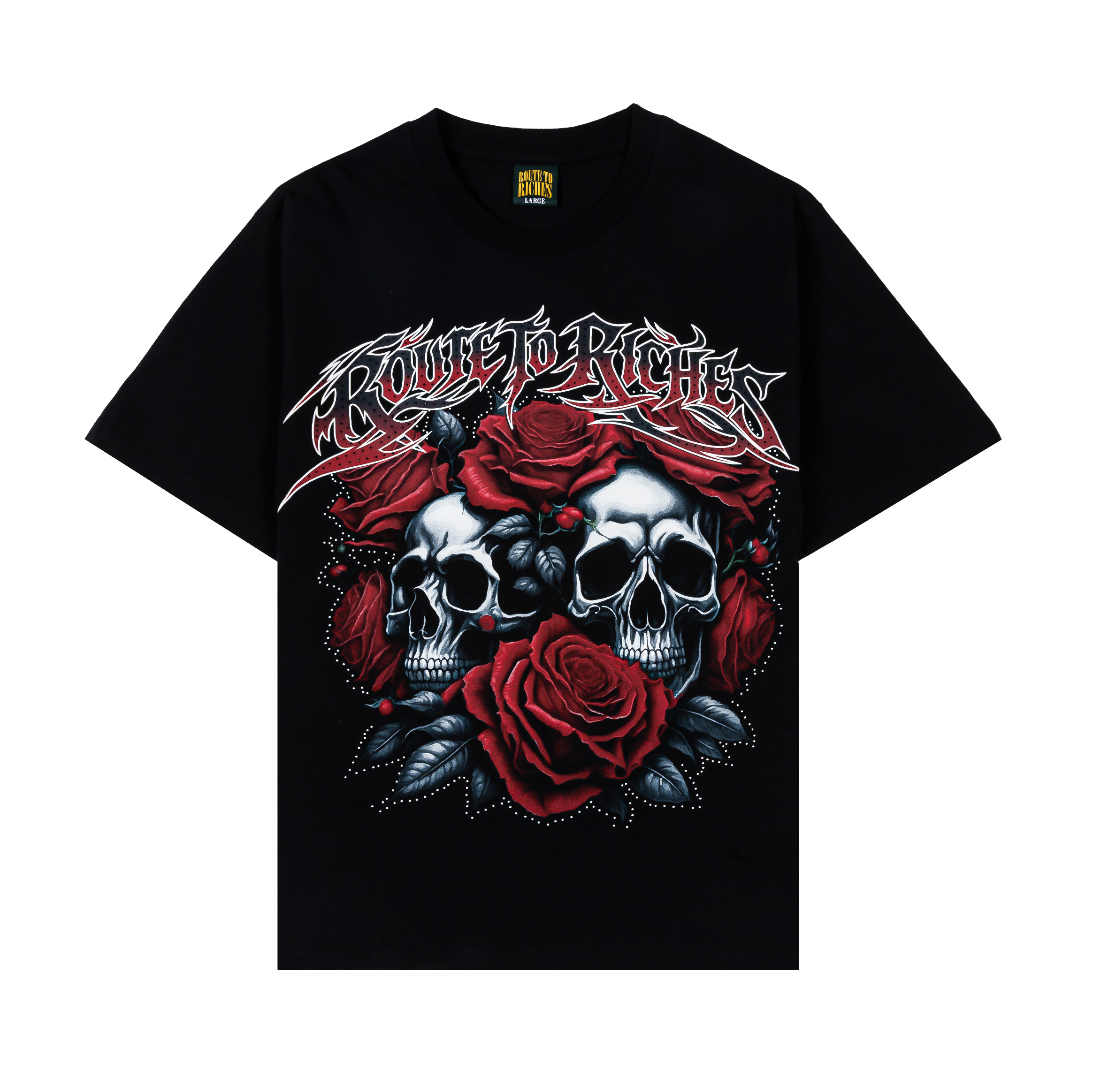 Black t-shirt with skulls and red roses graphic design.