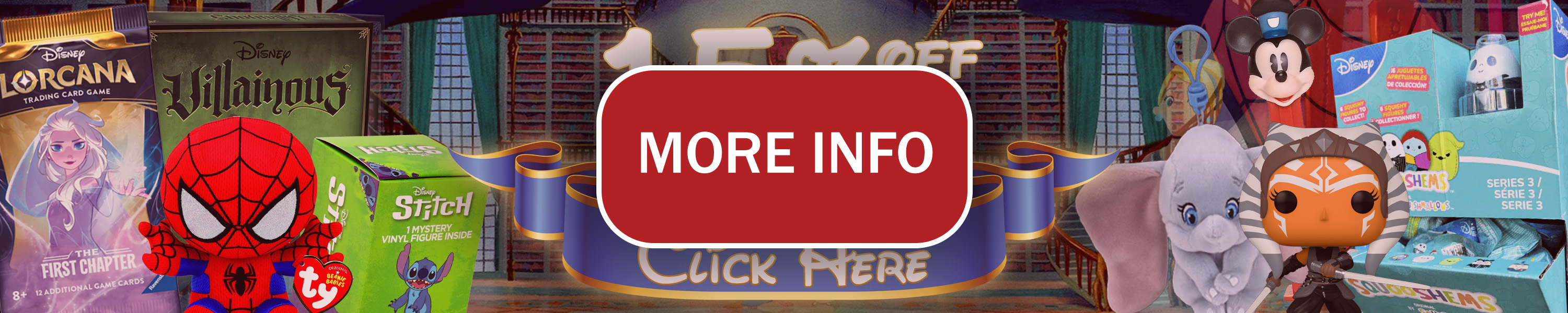 Promotional banner with characters, offering 15% off merchandise.