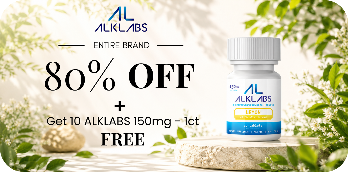 Promotional banner for ALKLABS with 80% off and free product offer.