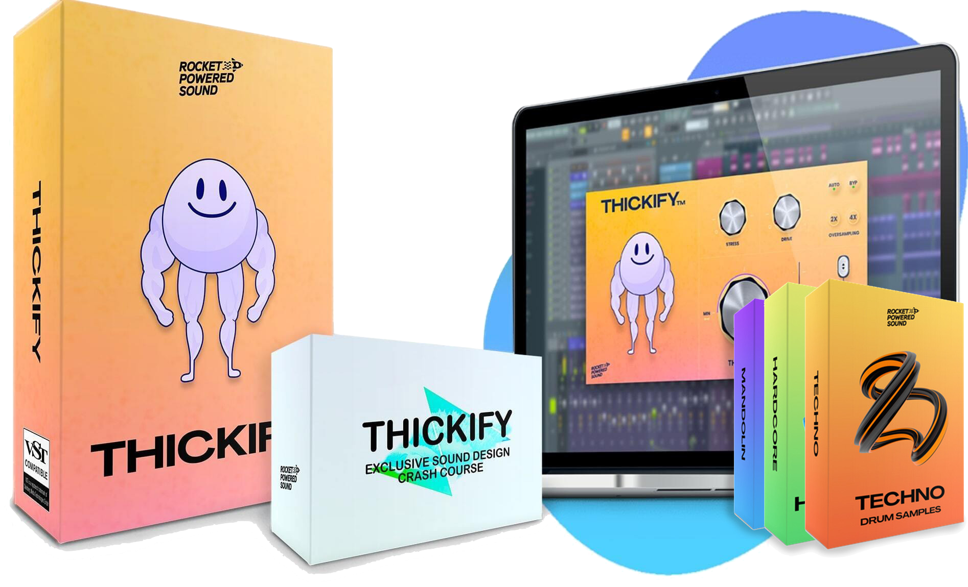 Thickify VST Plugin with bonus sample packs by Rocket Powered Sound (saturation and distortion).