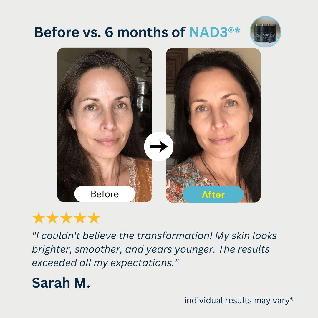 Before and after photo showing skin improvement after using NAD3.