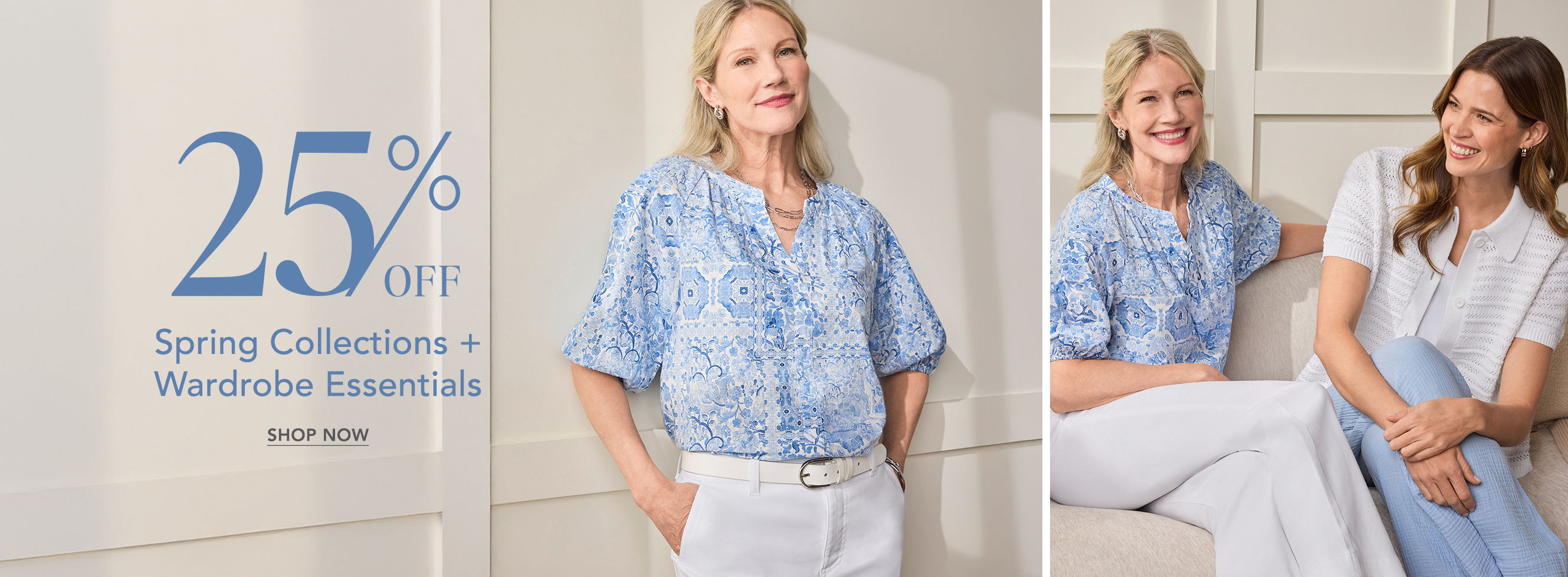 Two women modeling spring clothing with a promotional offer.