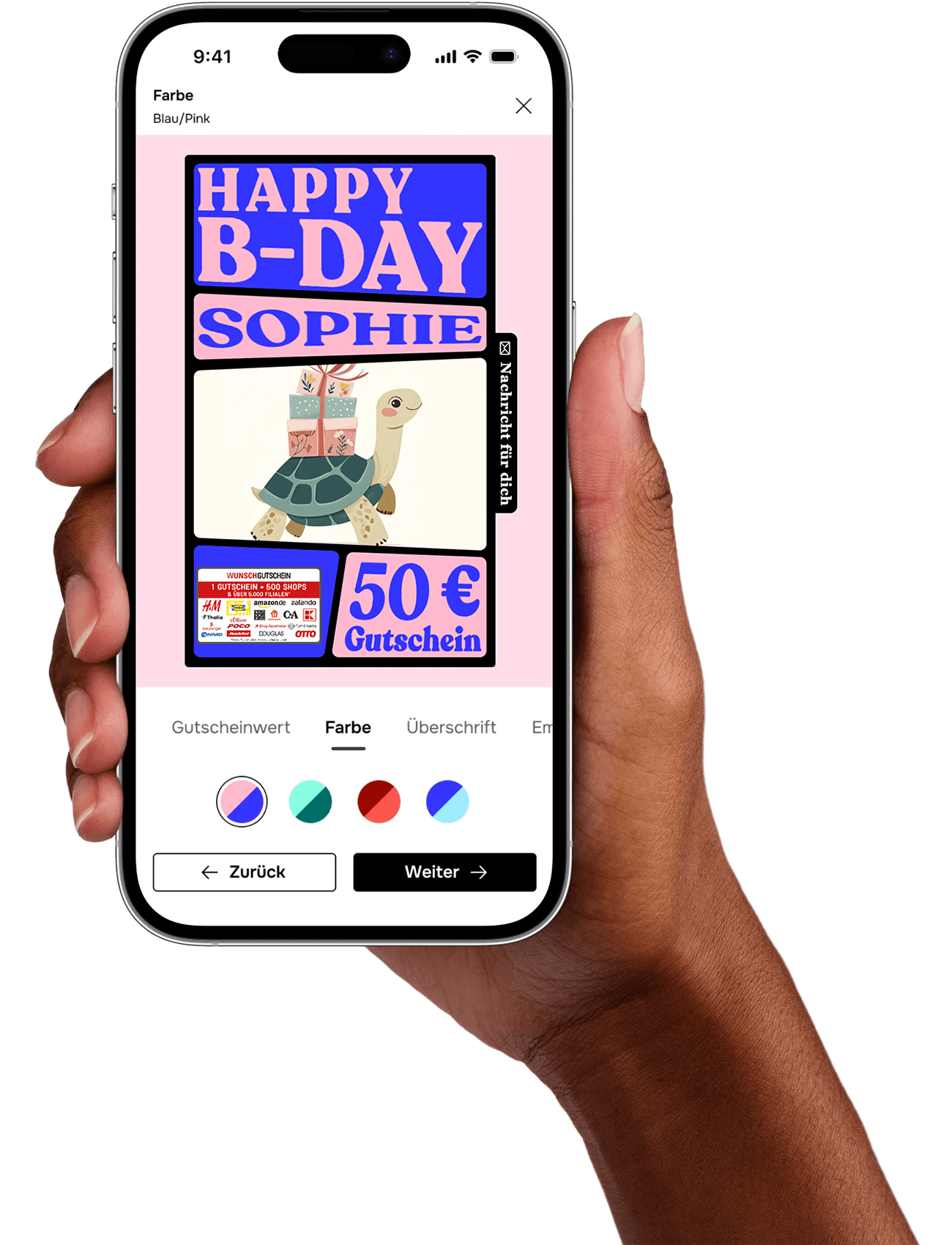 Eine Hand hält ein Smartphone, auf dem eine Geburtstagskarte für Sophie angezeigt wird.