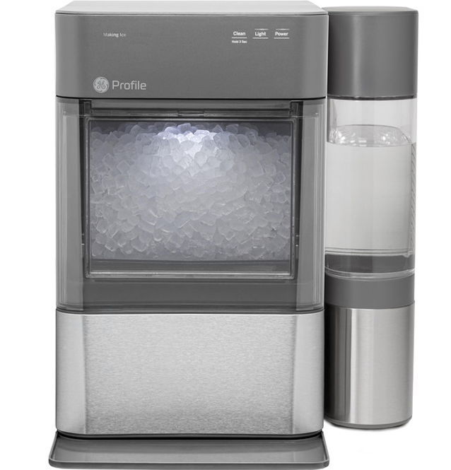 Opal Gray ice maker with a water dispenser on the side.