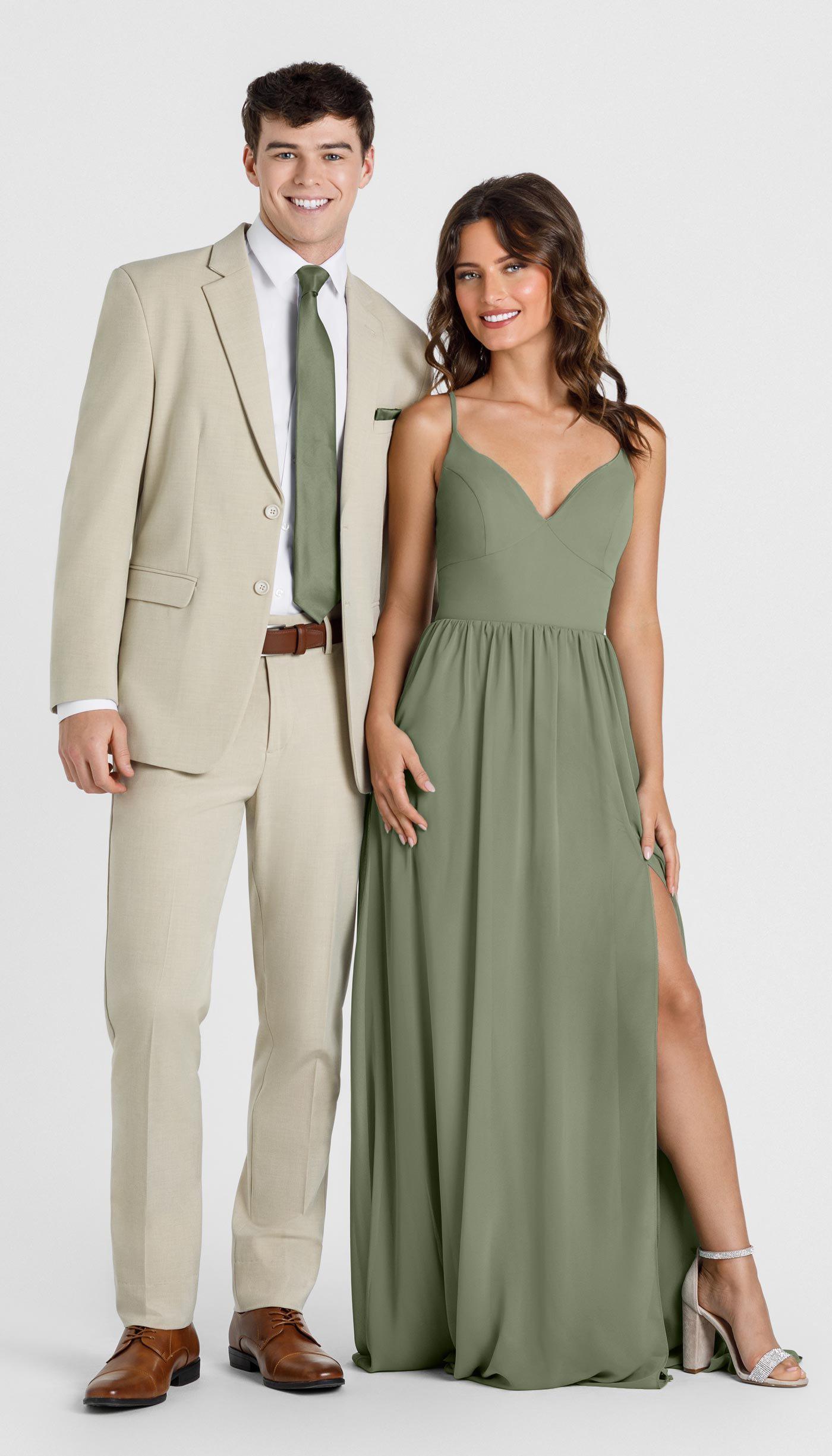 Tan Suit with Moss Bridesmaid Dress