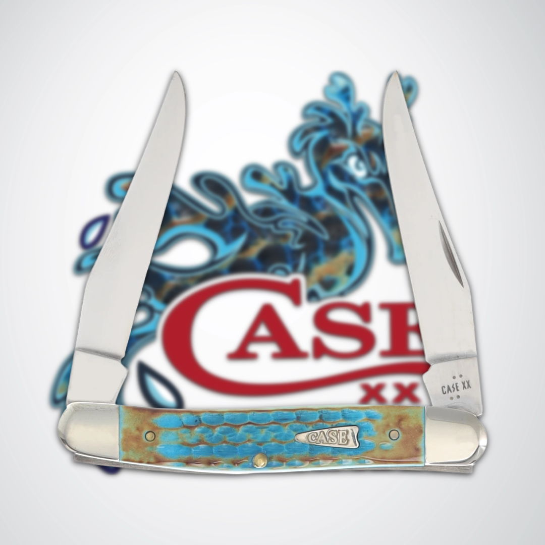 A folding knife with a blue handle and two blades, against a logo background.