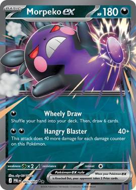 A Pokémon card featuring Morpeko ex with HP and attack details.