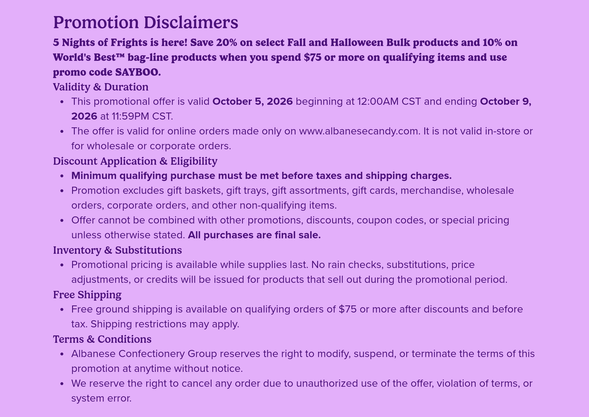 Promotional disclaimers and eligibility information on a purple background.