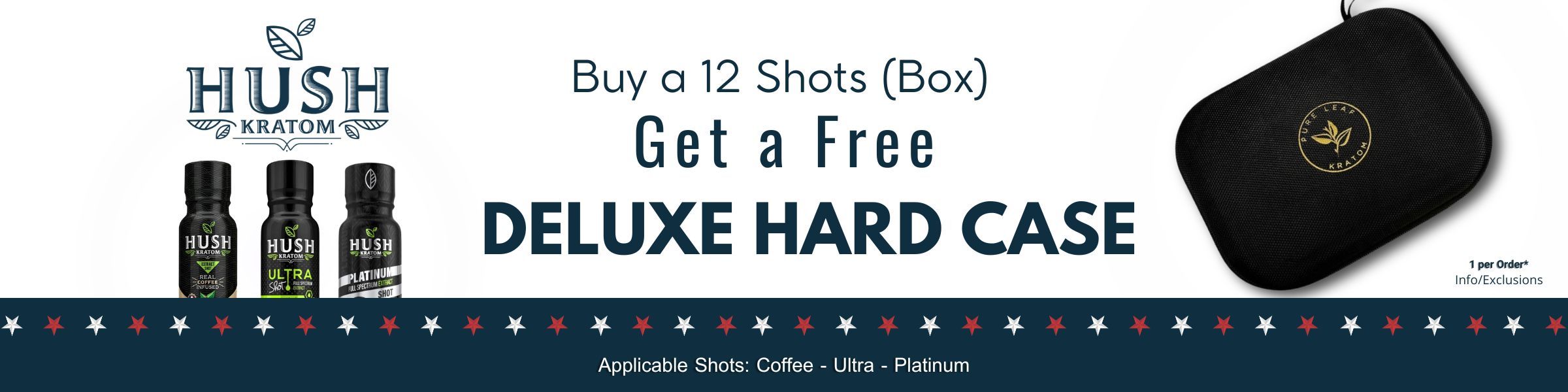 Promotional banner for HUSH products with free deluxe hard case offer.