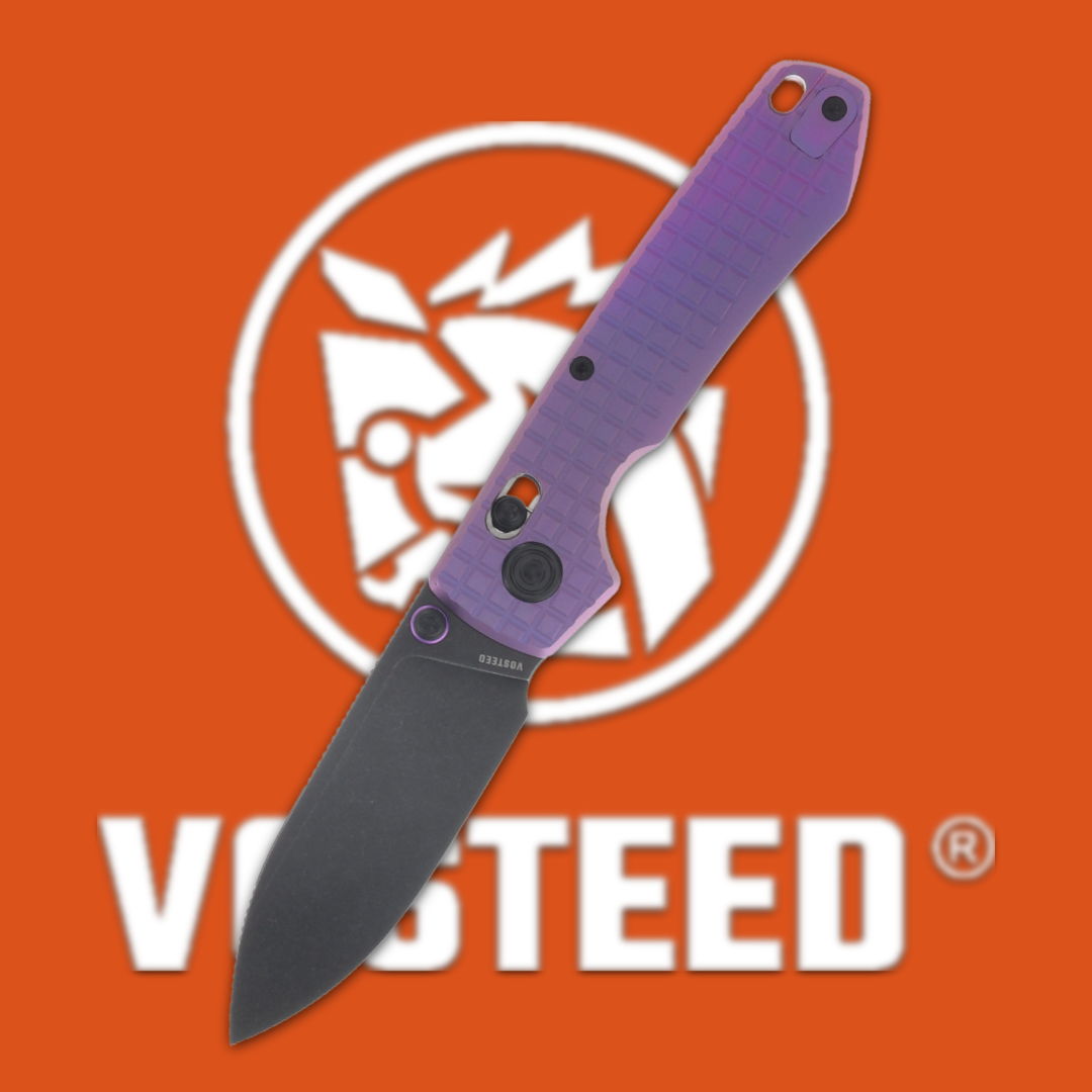 Purple folding knife on an orange background with the Vosteed logo.