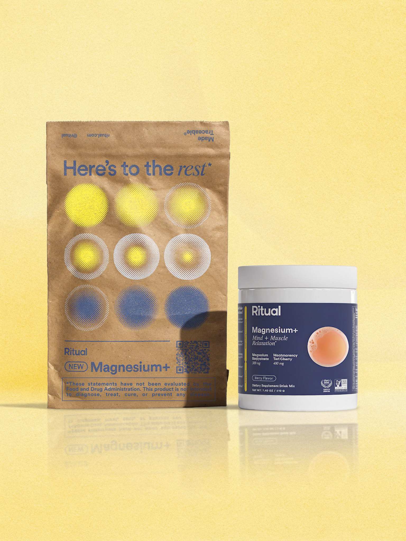 Ritual's supplements packaging with a jar and pouch on a yellow background.