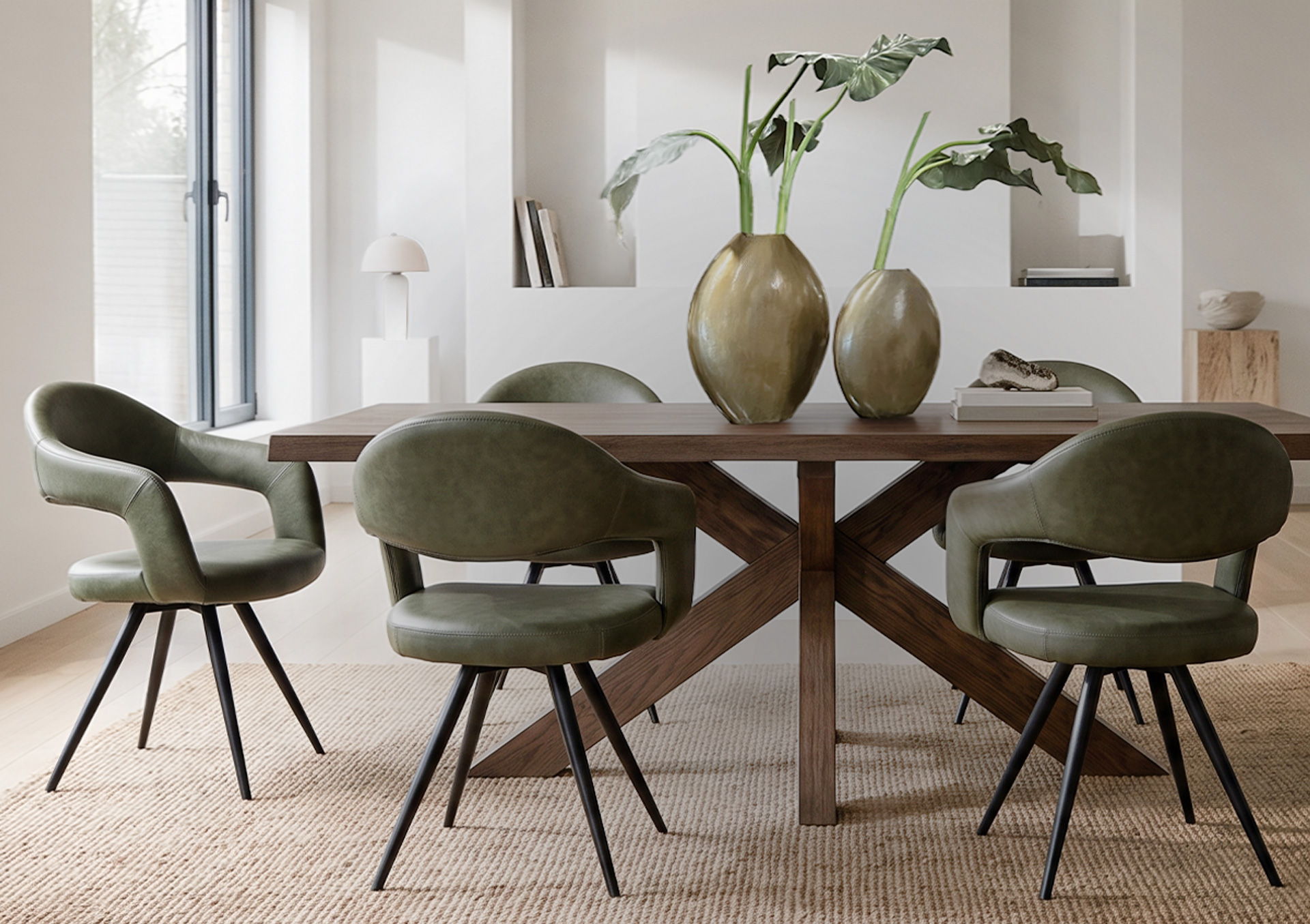 A modern dining room with a wooden table and green chairs.