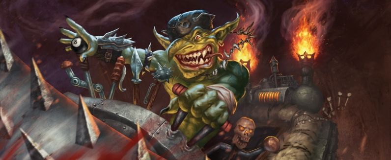 A menacing goblin in battle attire rides a spiked vehicle amidst chaos.
