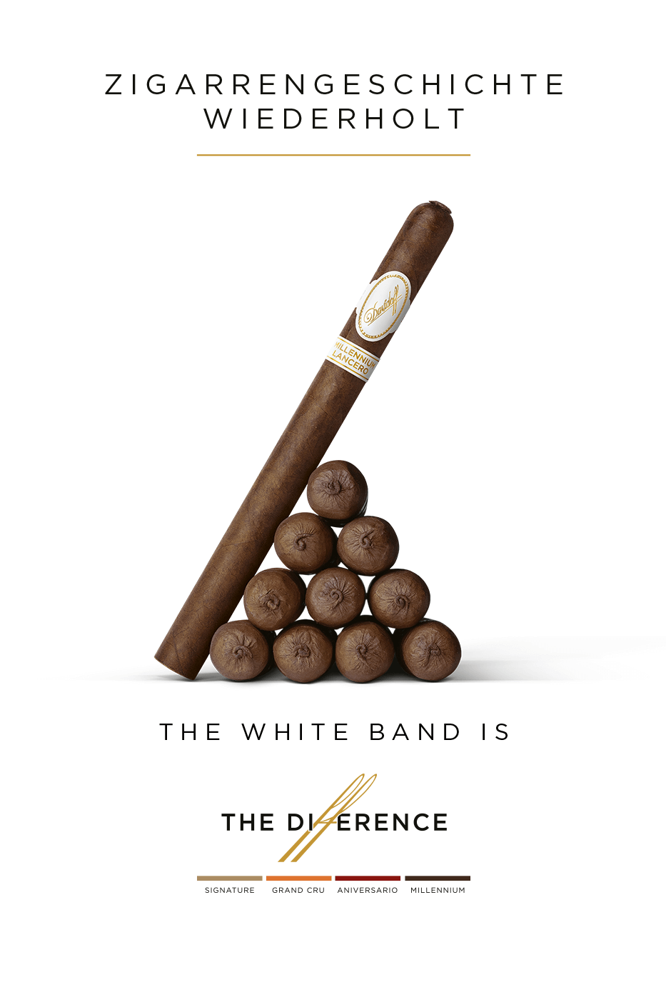 Zehn Davidoff Millennium Lancero Zigarren, die dreiecksförmig angeordnet sind und gegen die eine elfte Zigarre lehnt.
