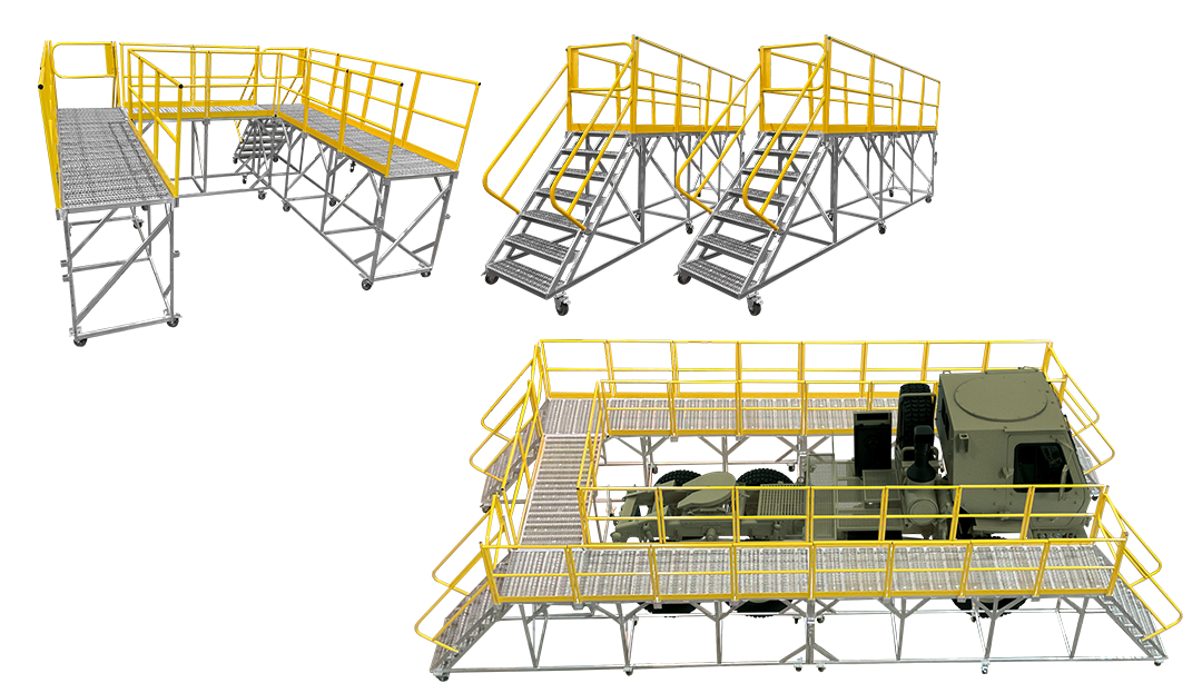 Custom modular aluminum rolling platform with guardrails designed for FMTV defense vehicle production and maintenance