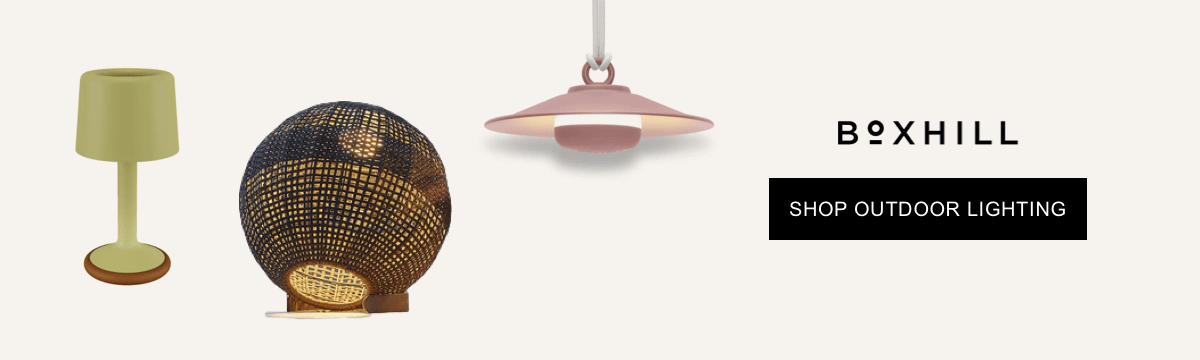 Boxhill outdoor lighting promotion featuring modern table lamps and pendant lights for patios.