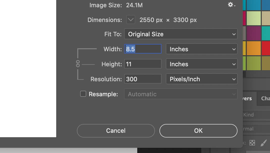 The Image Size window in Adobe Photoshop showing the document is set to 8.5
