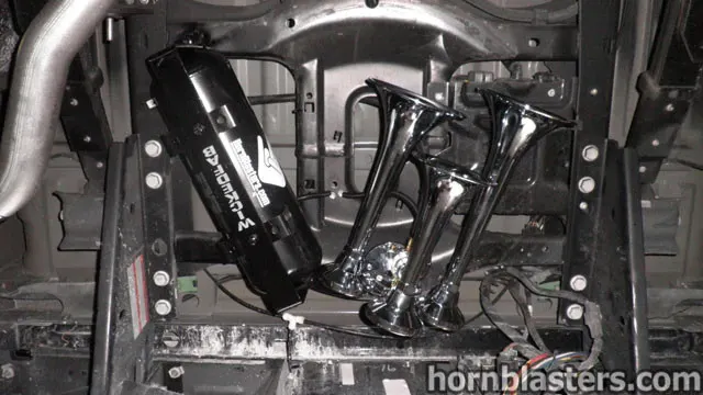 HornBlasters air tank and three chrome train horns installed on Wicked Customs's Ford F250 frame