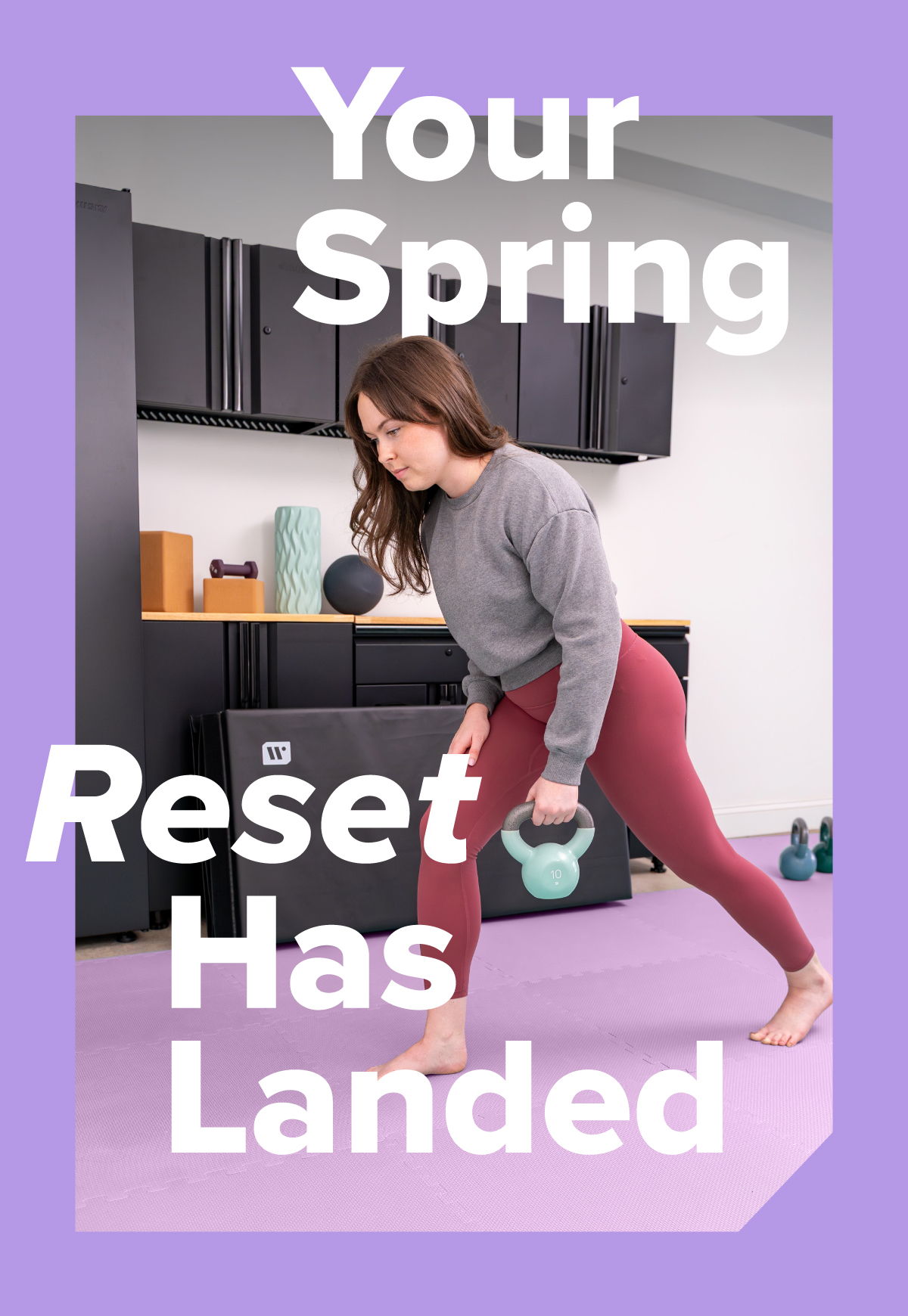 Woman exercising with weights in a gym setting, motivational text overlay.