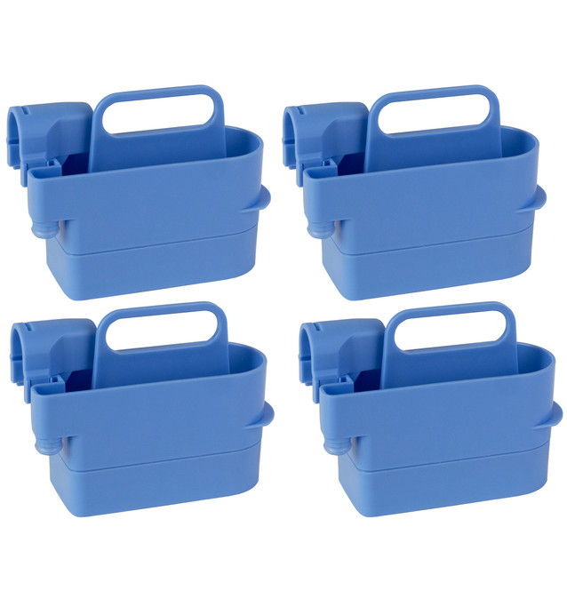 Four blue plastic storage containers with handles.