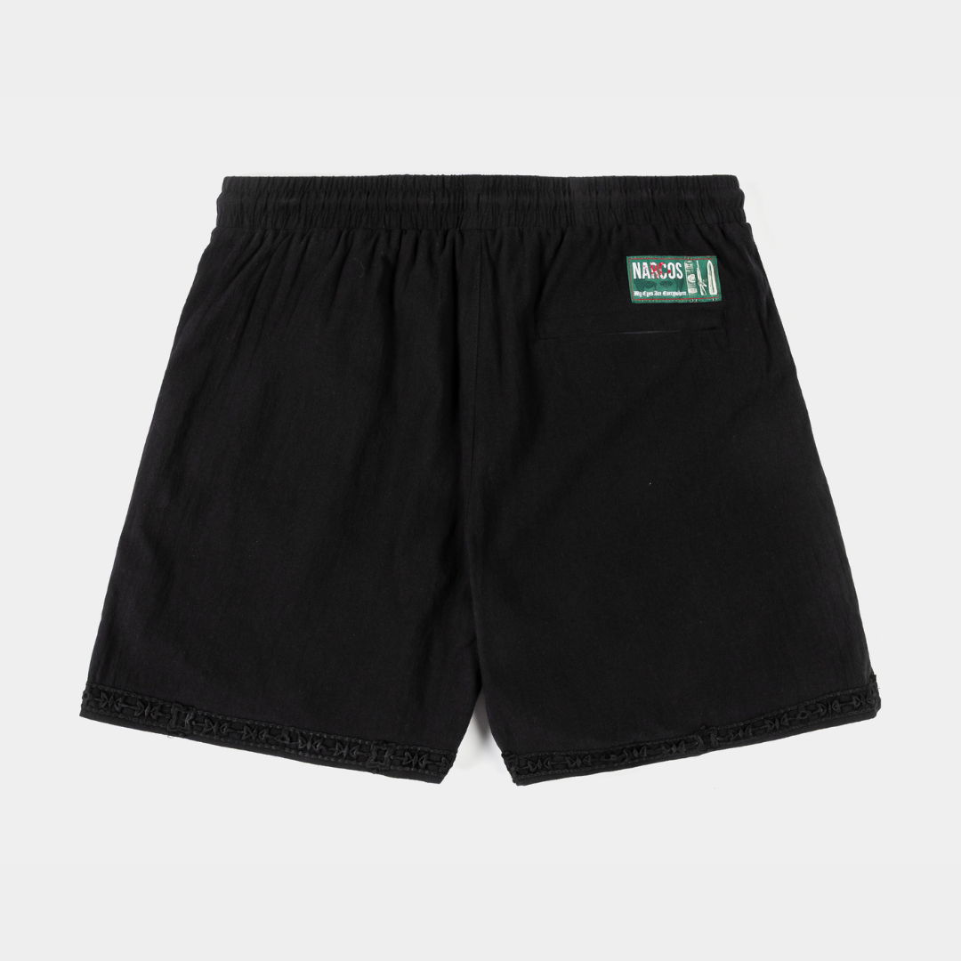 Black shorts with text 